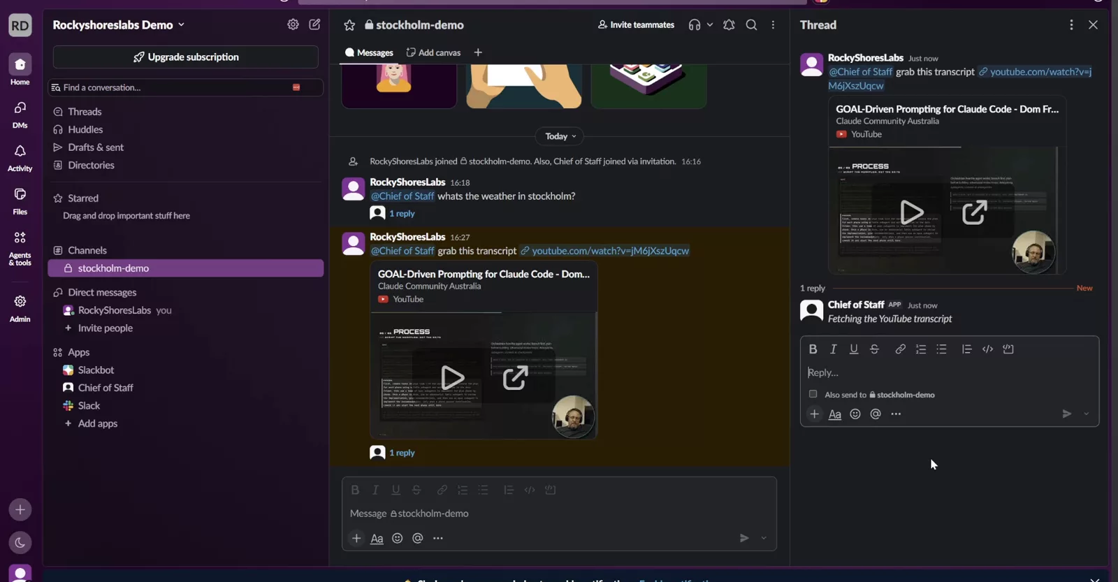 A Slack thread where the agent fetches a YouTube transcript through a connector
